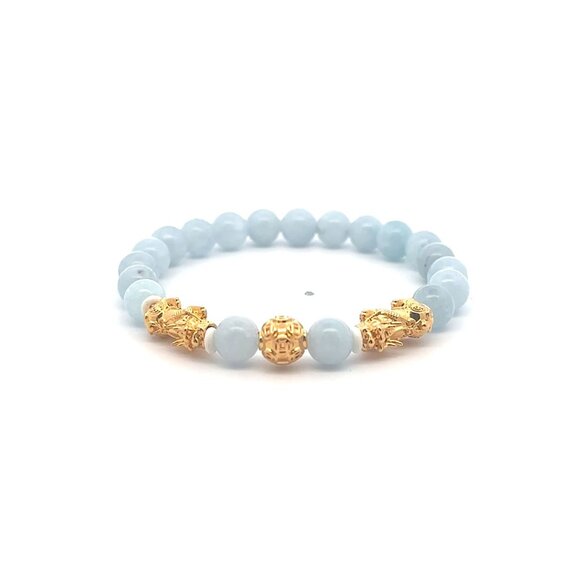 RAFANTHIA Jewelry - 18K Gold Pixiu Piyao Coin Ball Bracelet Gemstone Aquamarine 6mm March Birthstone
